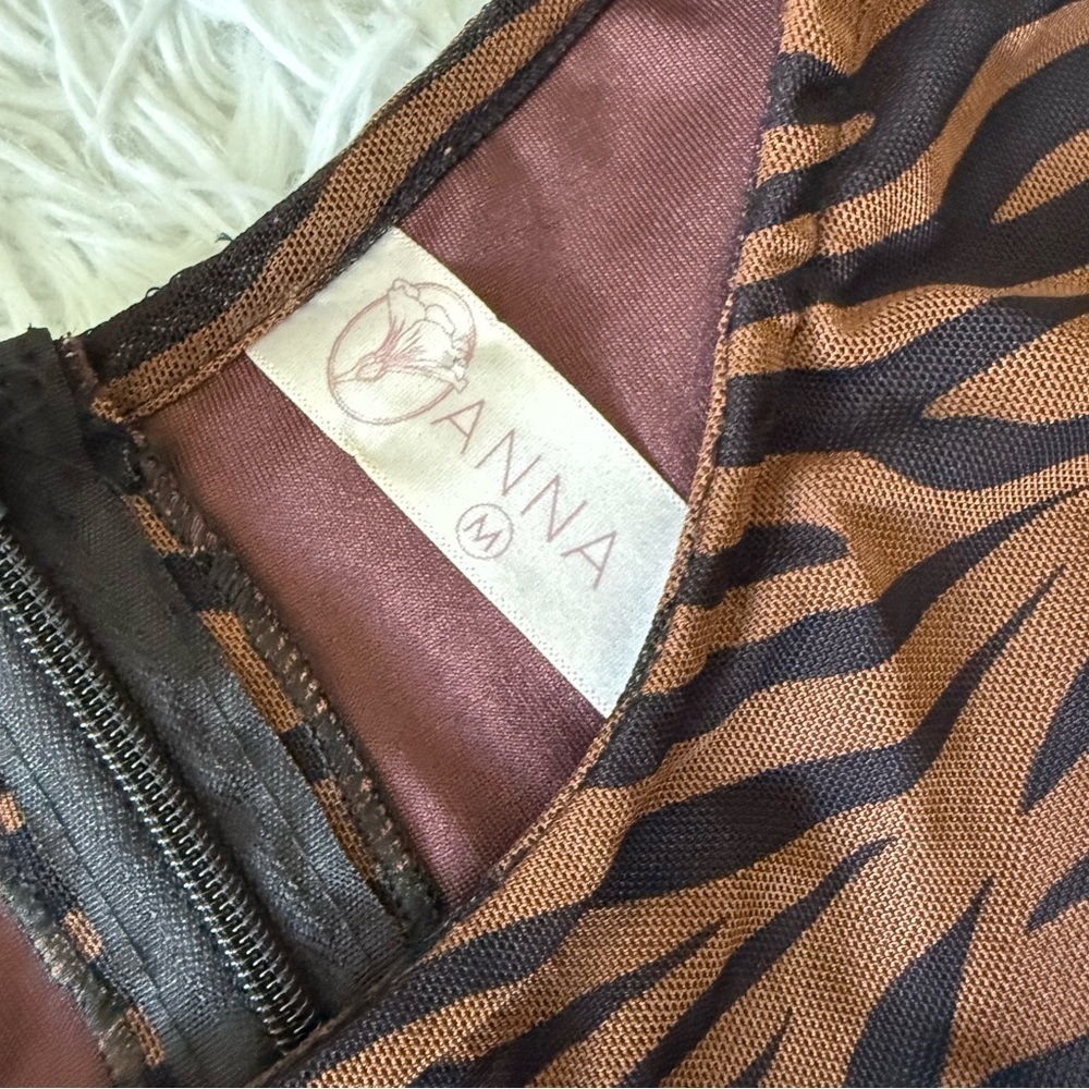 Anna Brown and Black Zebra Print Mesh Midi Cut-out Dress Size M - Picture 9 of 9